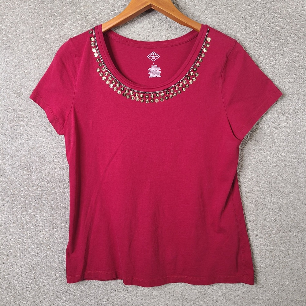 St John's Bay Shirt Womens Large Red Sequin Beaded Neck Short Sleeve Cotton